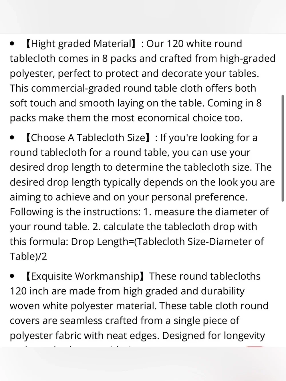 White 120” ROUND Tablecloths Durable 100% Polyester (8-pack)